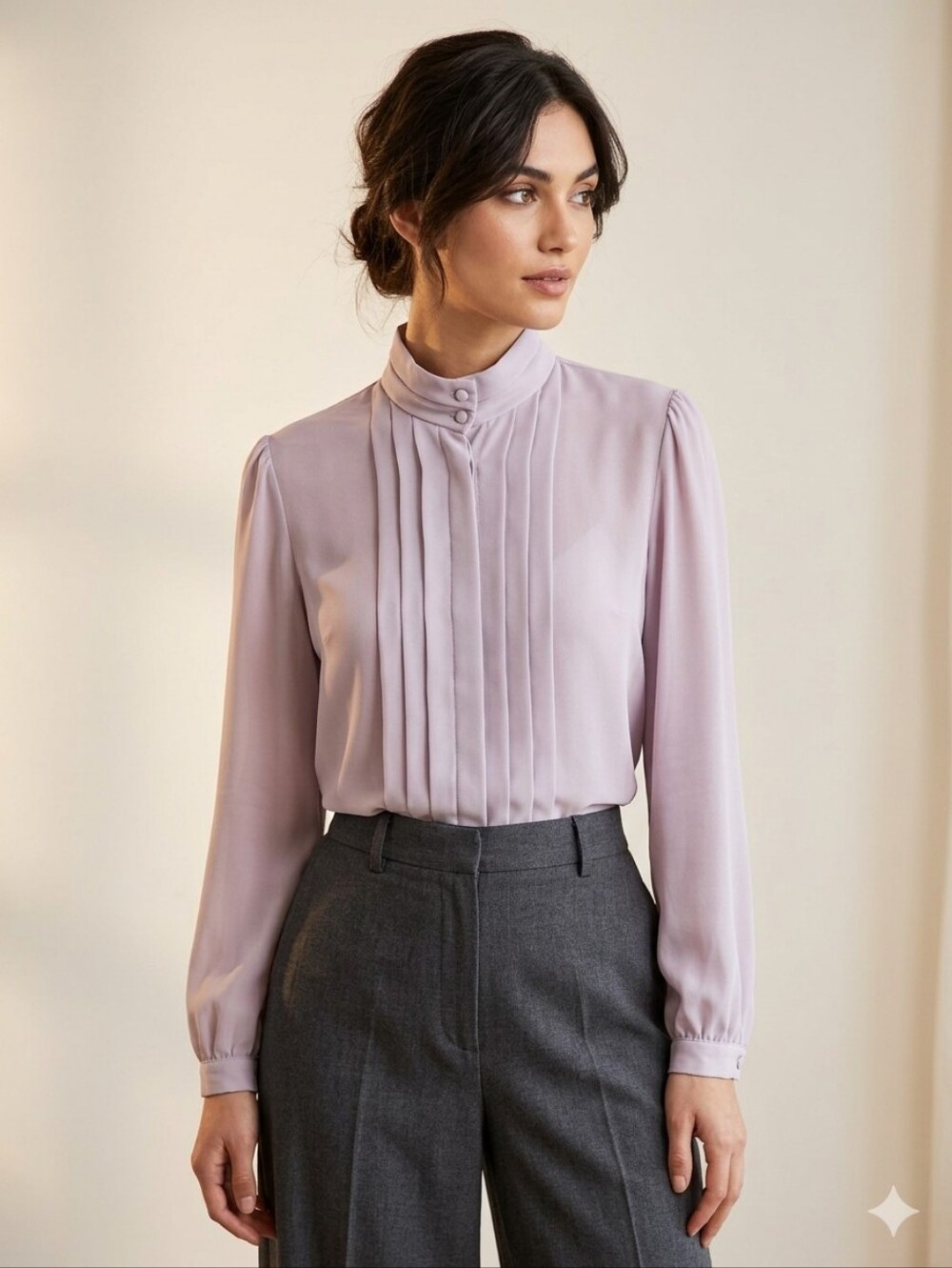 VINTAGE SENSATIONS Lilac Chiffon Effect High-Neck Pleated Victorian Blouse. S/M.